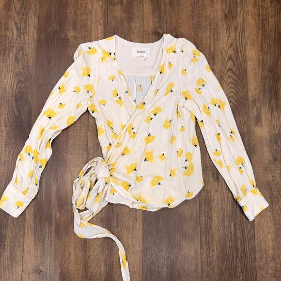 BA&SH Koxie Floral Print Crepe Wrap Top in Yellow size Small - Picture 2 of 12